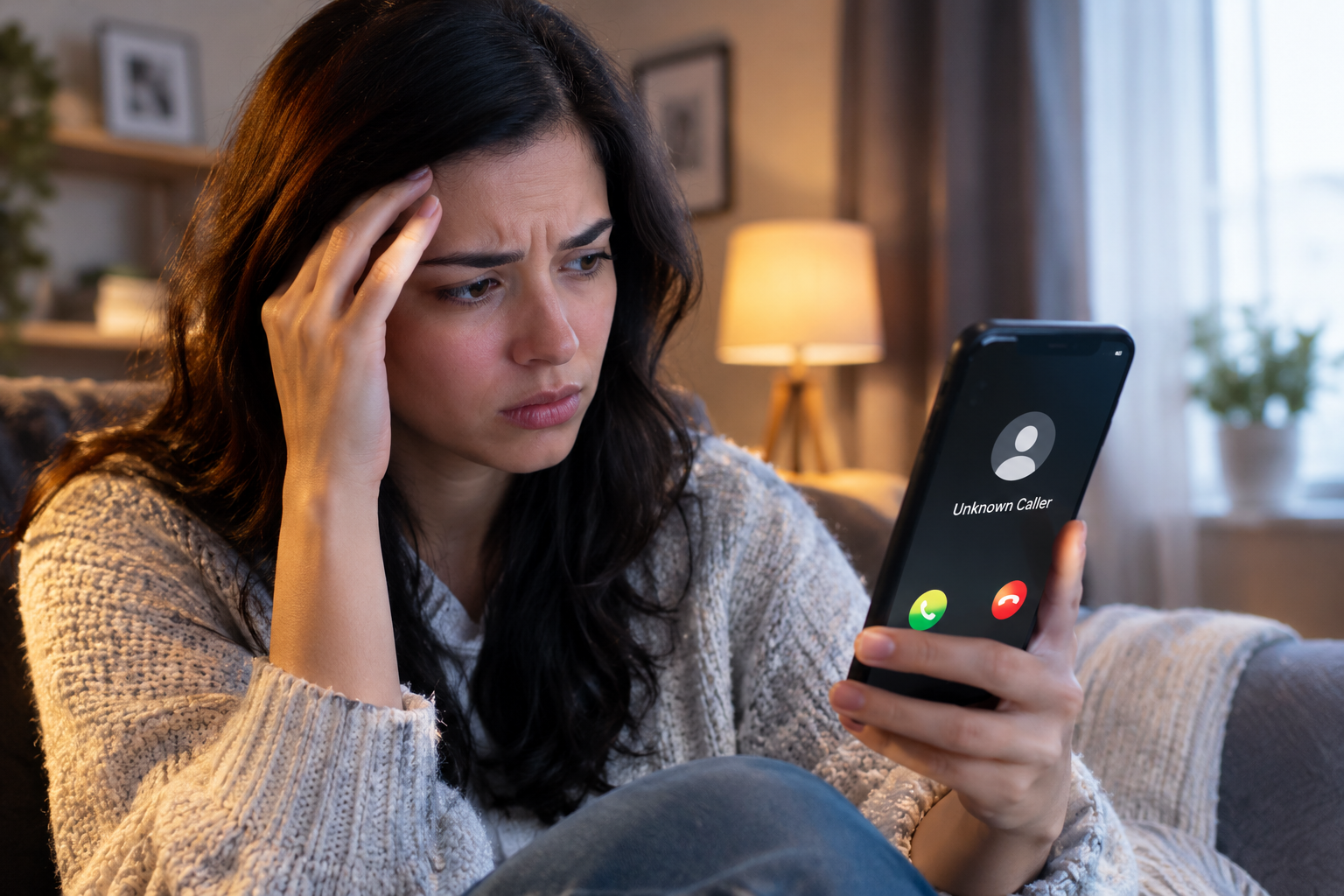 Person looking worried at a smartphone receiving an unknown call