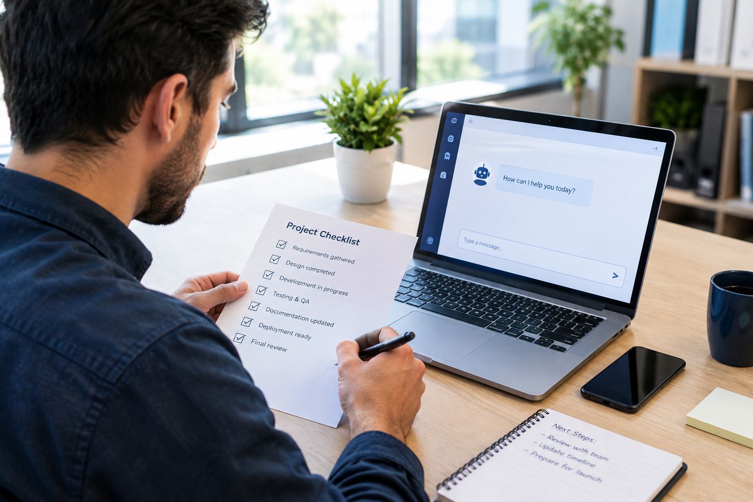 Professional reviewing an AI compliance checklist next to a laptop with a chatbot window