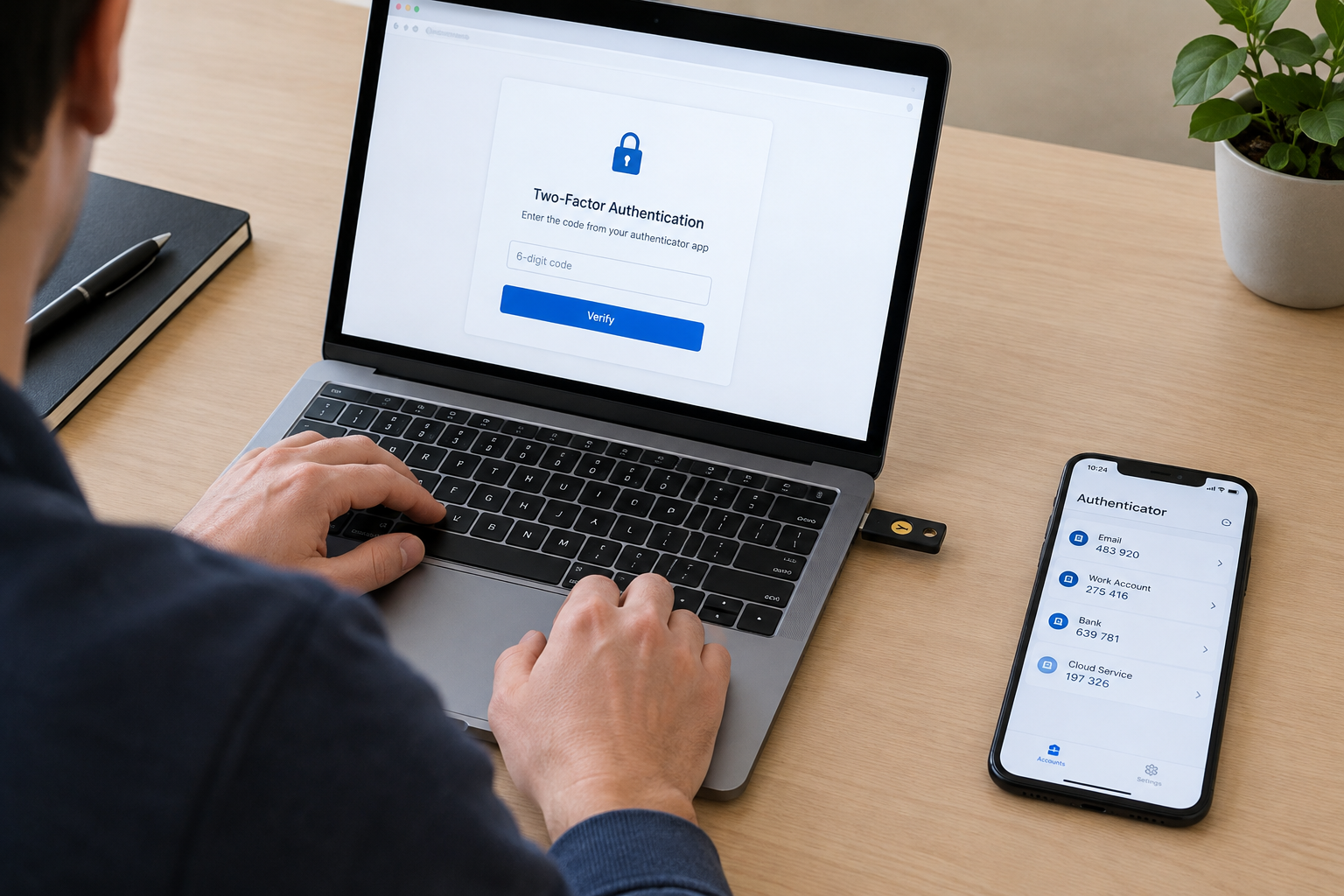 Person using a laptop with a hardware security key for two-factor authentication