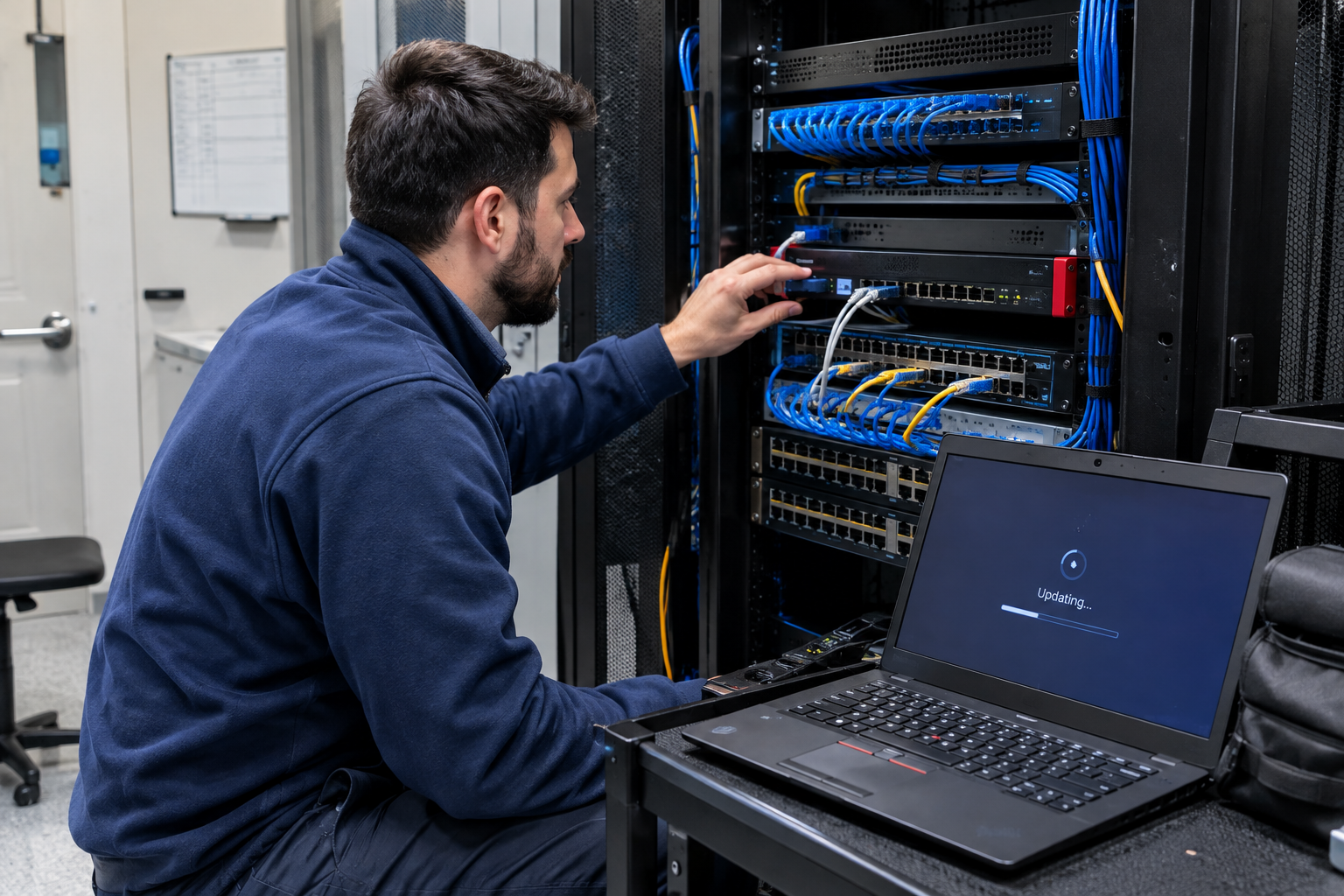 IT technician checking a network firewall in a small server room
