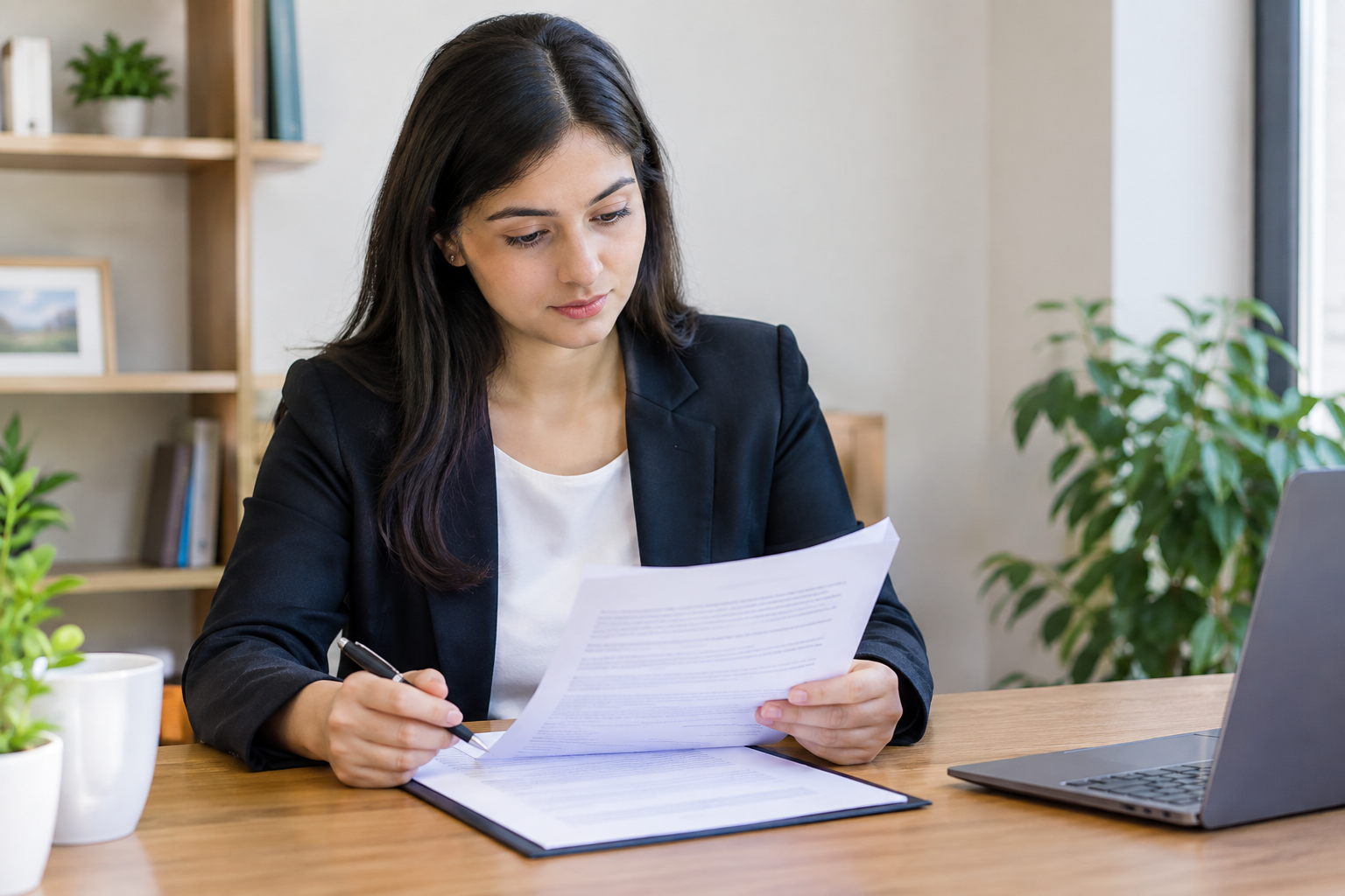 Woman reviewing an employment contract at a table before accepting an overseas job